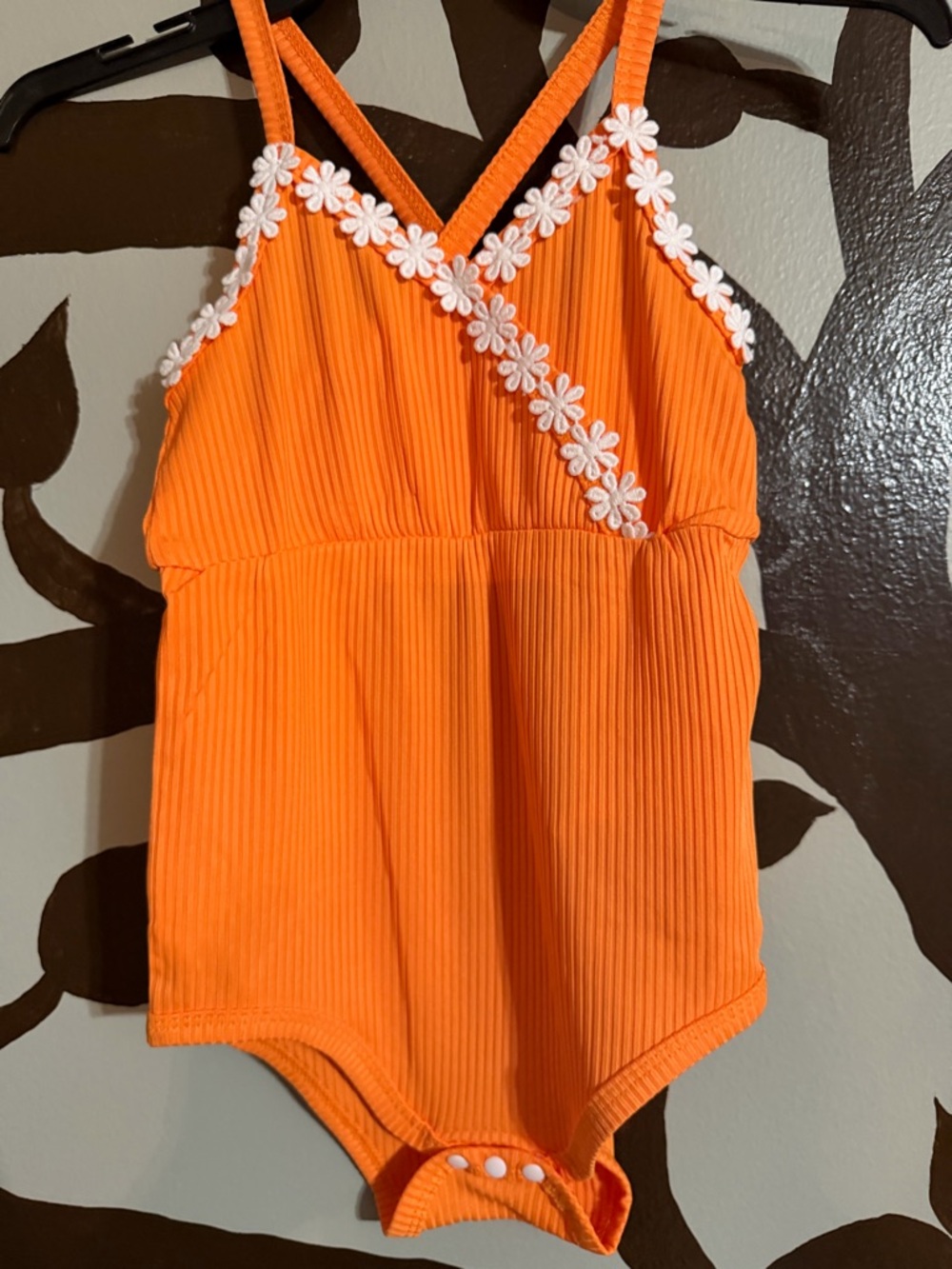 SHEIN Orange Ribbed One-Piece with White Daisy Trim